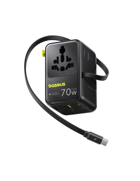 
6 viename kelioninis adapteris su ištraukiamu USB-C laidu, 70 W – juodas
