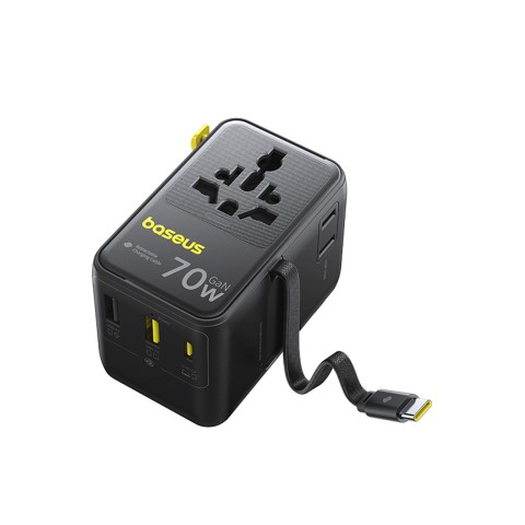 
6 viename kelioninis adapteris su ištraukiamu USB-C laidu, 70 W – juodas
