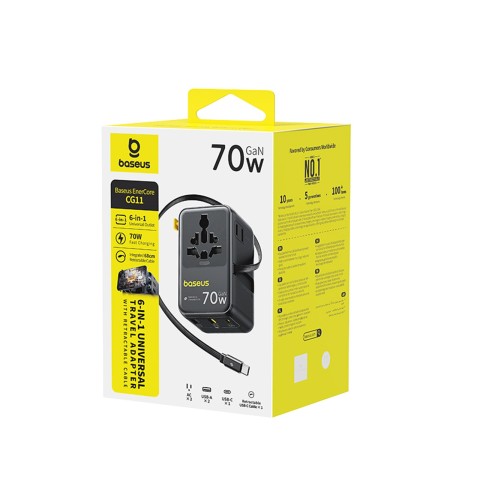 
6 viename kelioninis adapteris su ištraukiamu USB-C laidu, 70 W – juodas
