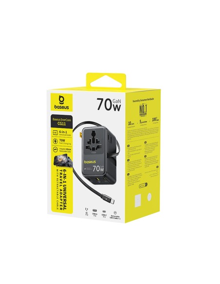 
6 viename kelioninis adapteris su ištraukiamu USB-C laidu, 70 W – juodas
