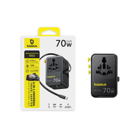 
6 viename kelioninis adapteris su ištraukiamu USB-C laidu, 70 W – juodas
