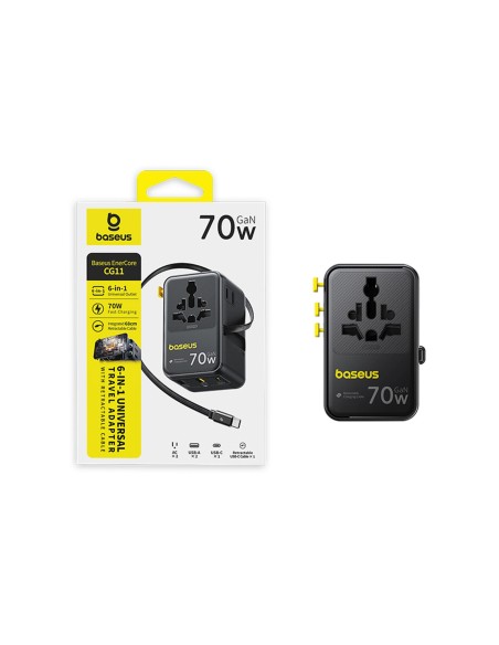 
6 viename kelioninis adapteris su ištraukiamu USB-C laidu, 70 W – juodas
