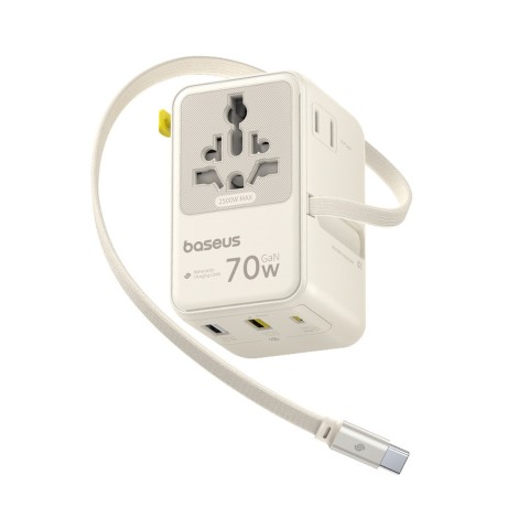 
6 viename kelioninis adapteris su ištraukiamu USB-C laidu, 70 W – baltas
