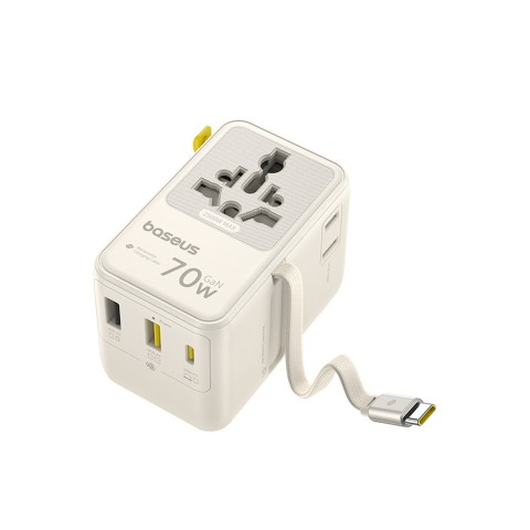 
6 viename kelioninis adapteris su ištraukiamu USB-C laidu, 70 W – baltas
