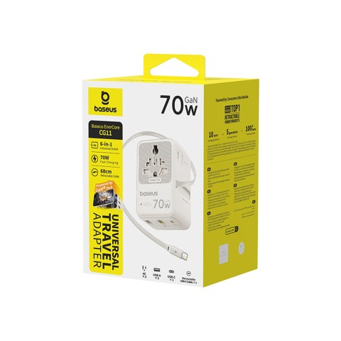 
6 viename kelioninis adapteris su ištraukiamu USB-C laidu, 70 W – baltas
