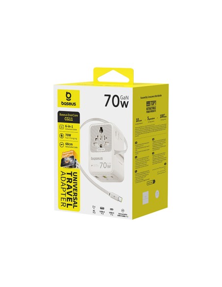 
6 viename kelioninis adapteris su ištraukiamu USB-C laidu, 70 W – baltas
