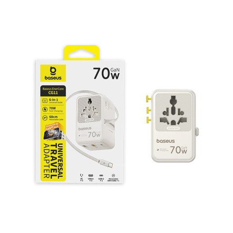 
6 viename kelioninis adapteris su ištraukiamu USB-C laidu, 70 W – baltas
