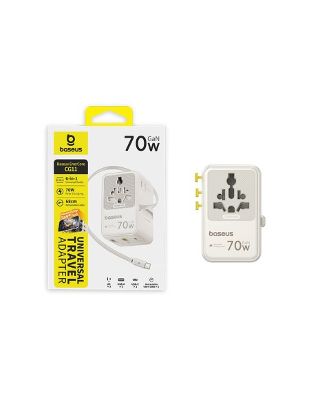 
6 viename kelioninis adapteris su ištraukiamu USB-C laidu, 70 W – baltas
