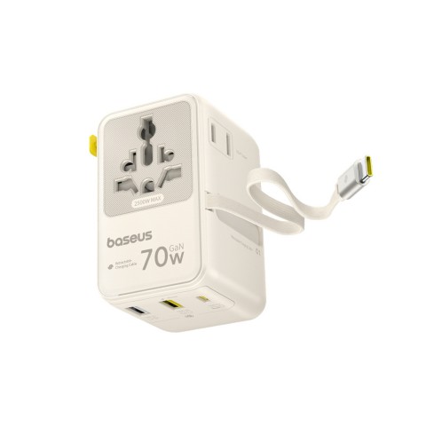 
6 viename kelioninis adapteris su ištraukiamu USB-C laidu, 70 W – baltas
