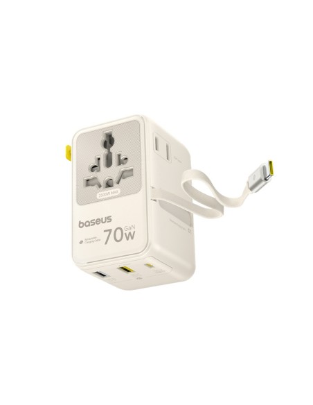 
6 viename kelioninis adapteris su ištraukiamu USB-C laidu, 70 W – baltas
