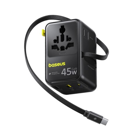 
6 viename kelioninis adapteris su ištraukiamu USB-C laidu, 45 W – juodas

