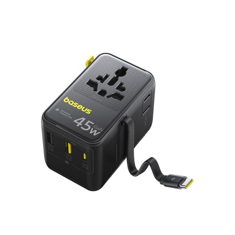 
6 viename kelioninis adapteris su ištraukiamu USB-C laidu, 45 W – juodas
