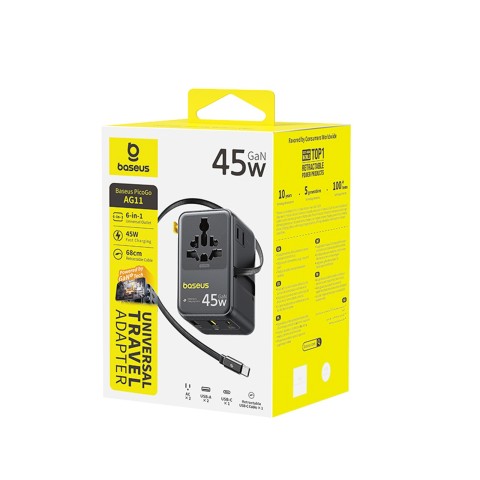 
6 viename kelioninis adapteris su ištraukiamu USB-C laidu, 45 W – juodas
