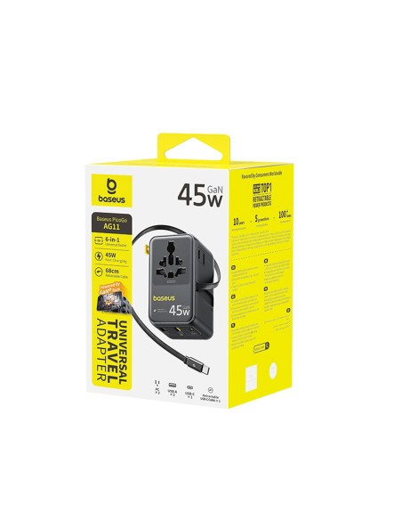 
6 viename kelioninis adapteris su ištraukiamu USB-C laidu, 45 W – juodas
