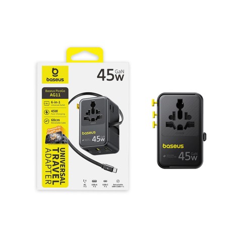 
6 viename kelioninis adapteris su ištraukiamu USB-C laidu, 45 W – juodas
