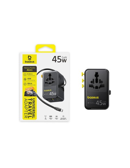 
6 viename kelioninis adapteris su ištraukiamu USB-C laidu, 45 W – juodas
