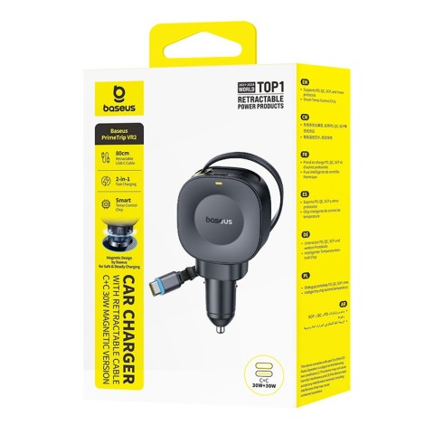 
USB-C automobilinis įkroviklis su ištraukiamu USB-C laidu, 30 W – juodas
