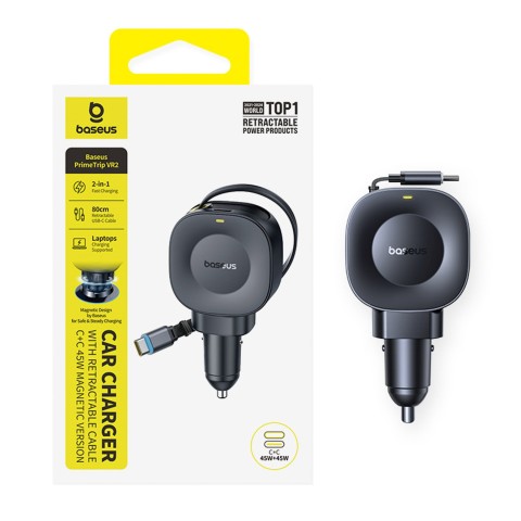 
USB-C automobilinis įkroviklis su ištraukiamu USB-C laidu, 45 W – juodas
