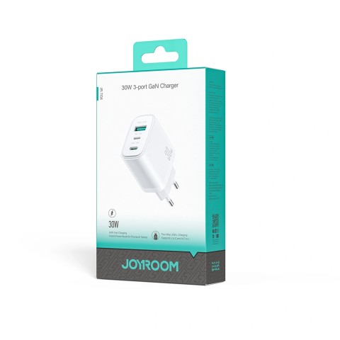 
JR-TG6 GaN 30W USB-A USB-C USB-L sieninis įkroviklis – baltas
