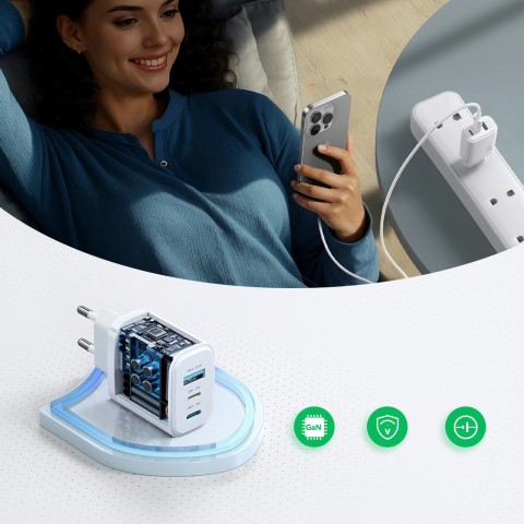 
JR-TG6 GaN 30W USB-A USB-C USB-L sieninis įkroviklis – baltas
