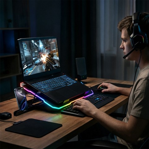 
Žaidimų nešiojamojo kompiuterio aušinimo kilimėlis su RGB telefono laikikliu - juodas
