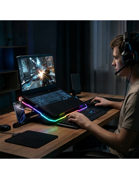 
Žaidimų nešiojamojo kompiuterio aušinimo kilimėlis su RGB telefono laikikliu - juodas
