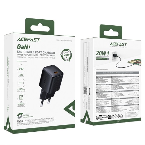 
USB-C GaN PD 20W sieninis įkroviklis – juodas
