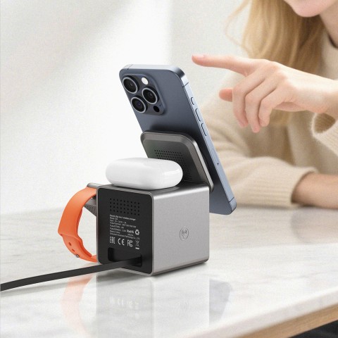 
3 viename indukcinis įkroviklis išmaniesiems telefonams, išmaniesiems laikrodžiams, ausinėms su laidu, 22,5 W - pilkas
