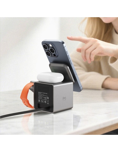 
3 viename indukcinis įkroviklis išmaniesiems telefonams, išmaniesiems laikrodžiams, ausinėms su laidu, 22,5 W - pilkas
