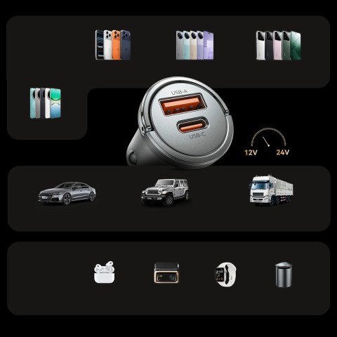 
USB-A USB-C 45W automobilinis įkroviklis – sidabrinis
