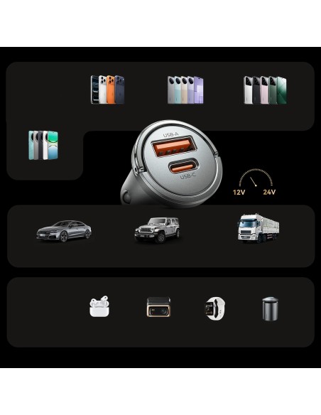 
USB-A USB-C 45W automobilinis įkroviklis – sidabrinis
