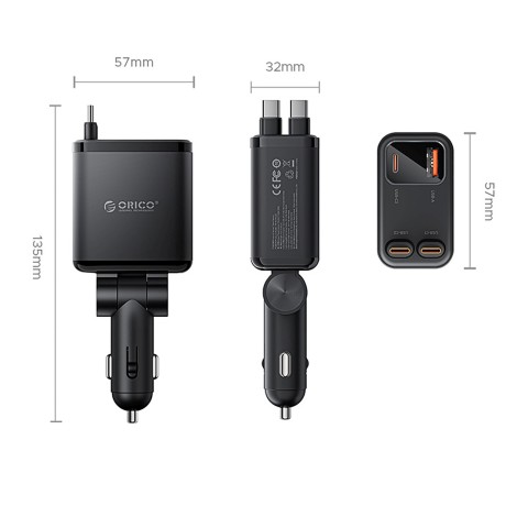 
45 W USB-A USB-C automobilinis įkroviklis su ištraukiamais USB-C laidais – juodas
