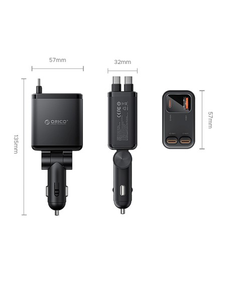
45 W USB-A USB-C automobilinis įkroviklis su ištraukiamais USB-C laidais – juodas
