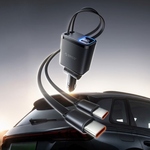 
45 W USB-A USB-C automobilinis įkroviklis su ištraukiamais USB-C laidais – juodas
