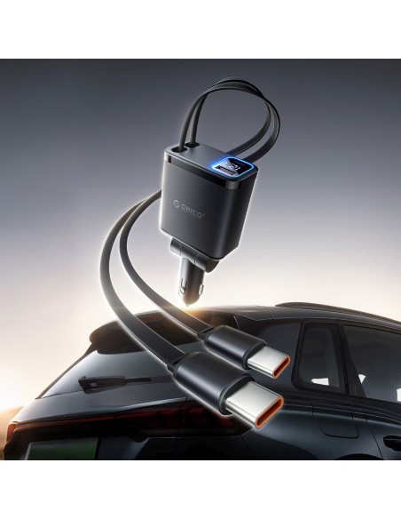 
45 W USB-A USB-C automobilinis įkroviklis su ištraukiamais USB-C laidais – juodas
