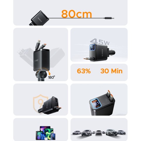 
45 W USB-A USB-C automobilinis įkroviklis su ištraukiamais USB-C laidais – juodas
