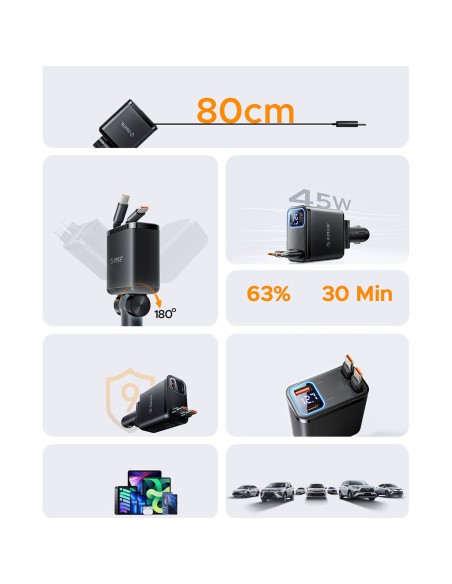 
45 W USB-A USB-C automobilinis įkroviklis su ištraukiamais USB-C laidais – juodas
