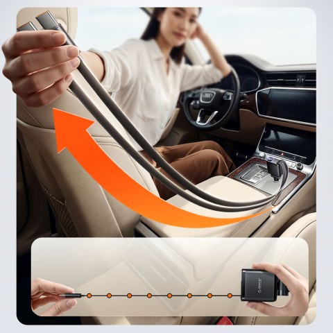 
45 W USB-A USB-C automobilinis įkroviklis su ištraukiamais USB-C laidais – juodas
