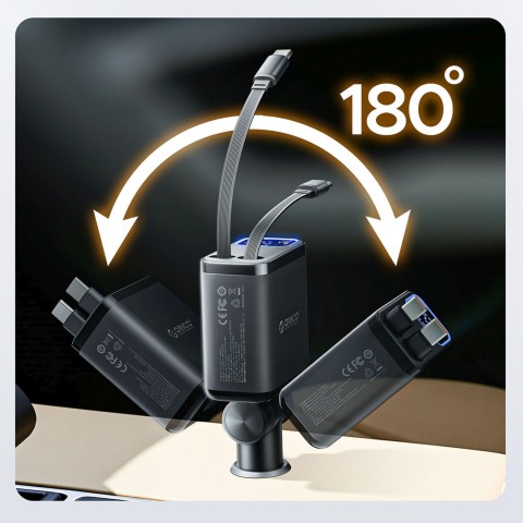 
45 W USB-A USB-C automobilinis įkroviklis su ištraukiamais USB-C laidais – juodas
