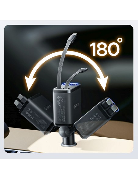 
45 W USB-A USB-C automobilinis įkroviklis su ištraukiamais USB-C laidais – juodas
