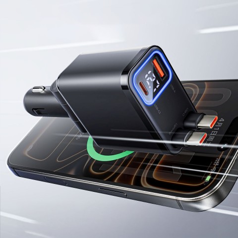 
45 W USB-A USB-C automobilinis įkroviklis su ištraukiamais USB-C laidais – juodas
