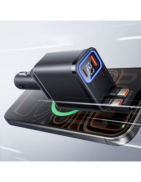 
45 W USB-A USB-C automobilinis įkroviklis su ištraukiamais USB-C laidais – juodas
