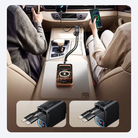 
45 W USB-A USB-C automobilinis įkroviklis su ištraukiamais USB-C laidais – juodas
