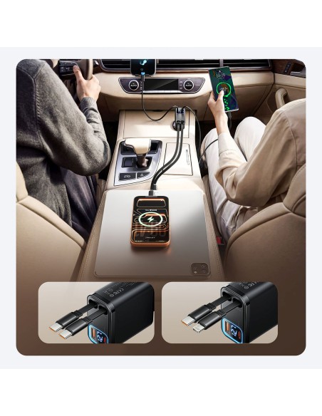 
45 W USB-A USB-C automobilinis įkroviklis su ištraukiamais USB-C laidais – juodas
