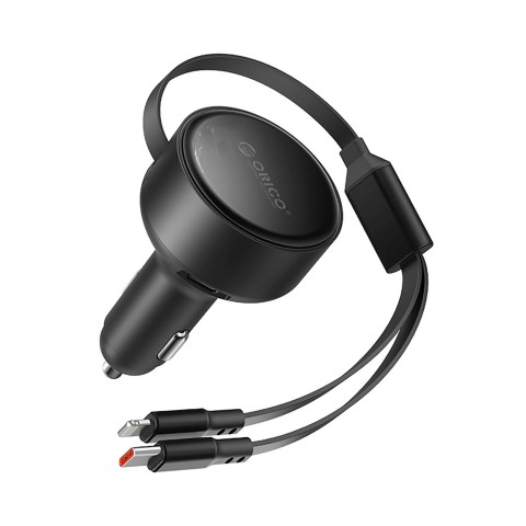 
60 W USB-C automobilinis įkroviklis su ištraukiamais USB-C iPhone Lightning laidais – juodas
