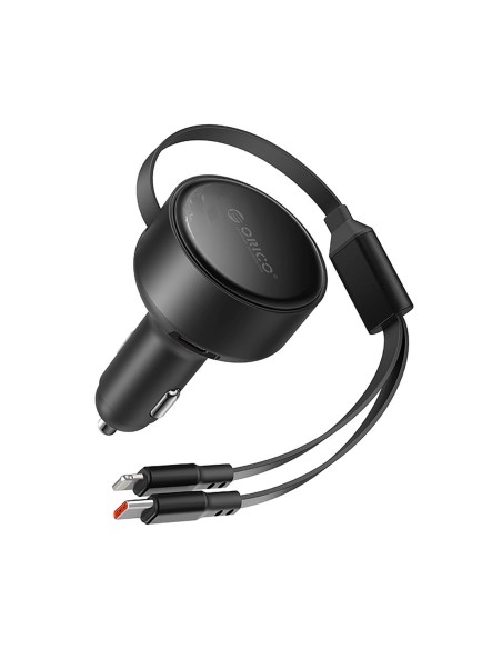 
60 W USB-C automobilinis įkroviklis su ištraukiamais USB-C iPhone Lightning laidais – juodas
