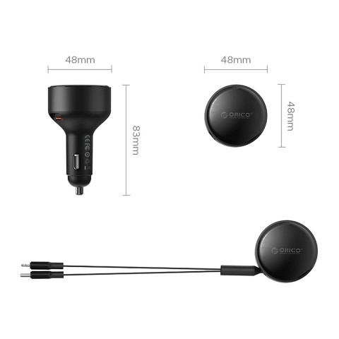 
60 W USB-C automobilinis įkroviklis su ištraukiamais USB-C iPhone Lightning laidais – juodas
