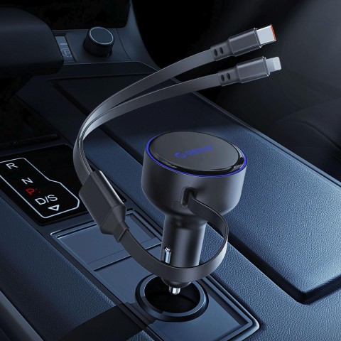
60 W USB-C automobilinis įkroviklis su ištraukiamais USB-C iPhone Lightning laidais – juodas
