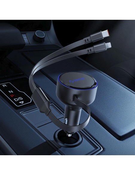 
60 W USB-C automobilinis įkroviklis su ištraukiamais USB-C iPhone Lightning laidais – juodas

