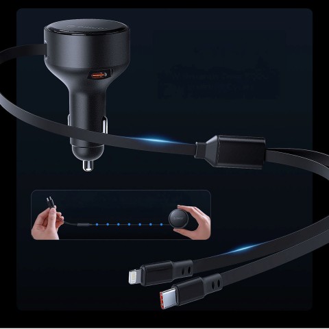 
60 W USB-C automobilinis įkroviklis su ištraukiamais USB-C iPhone Lightning laidais – juodas
